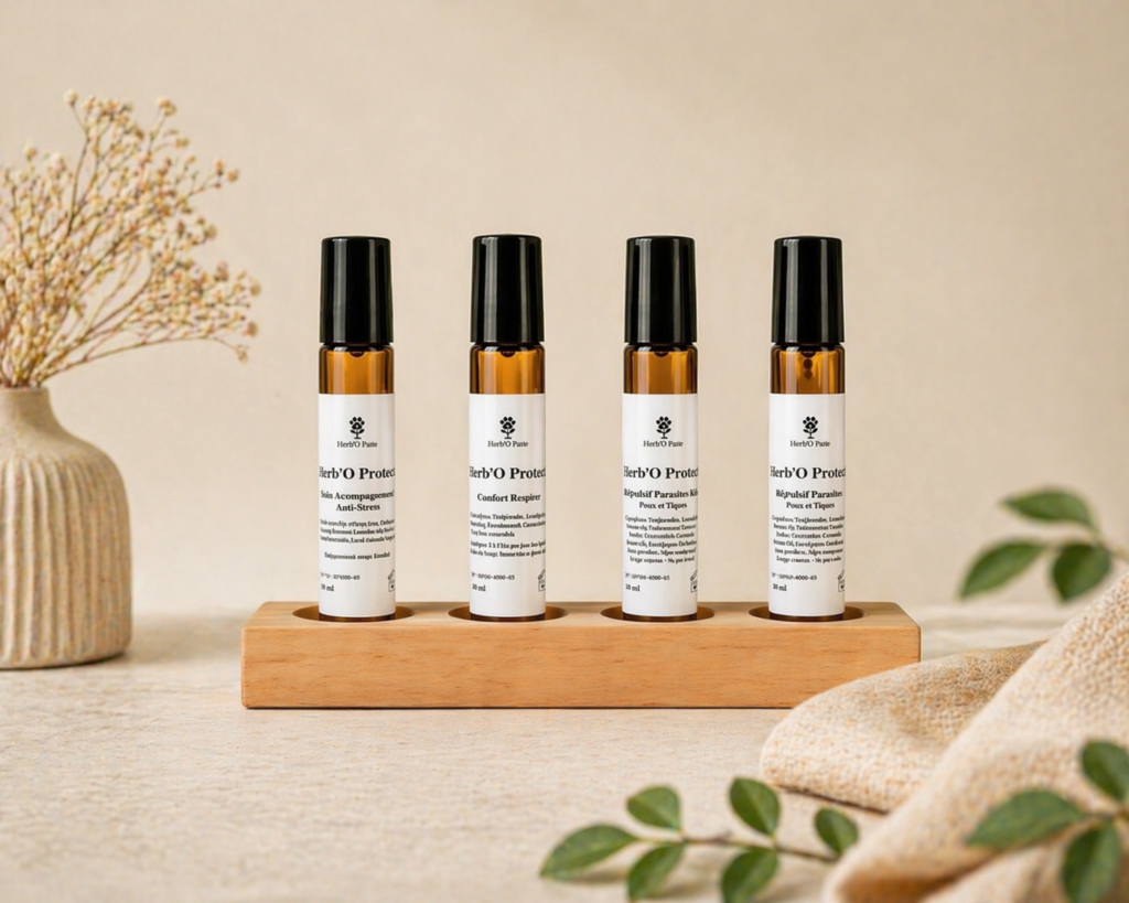 Gamme Herb'O Protect:
Herb'O Protect Répulsif parasite enfants
Herb'O Protect Répulsif parasite adulte
Herb'O Protect Confort respire
Herb'O Protect accompagnement anti stress adulte
