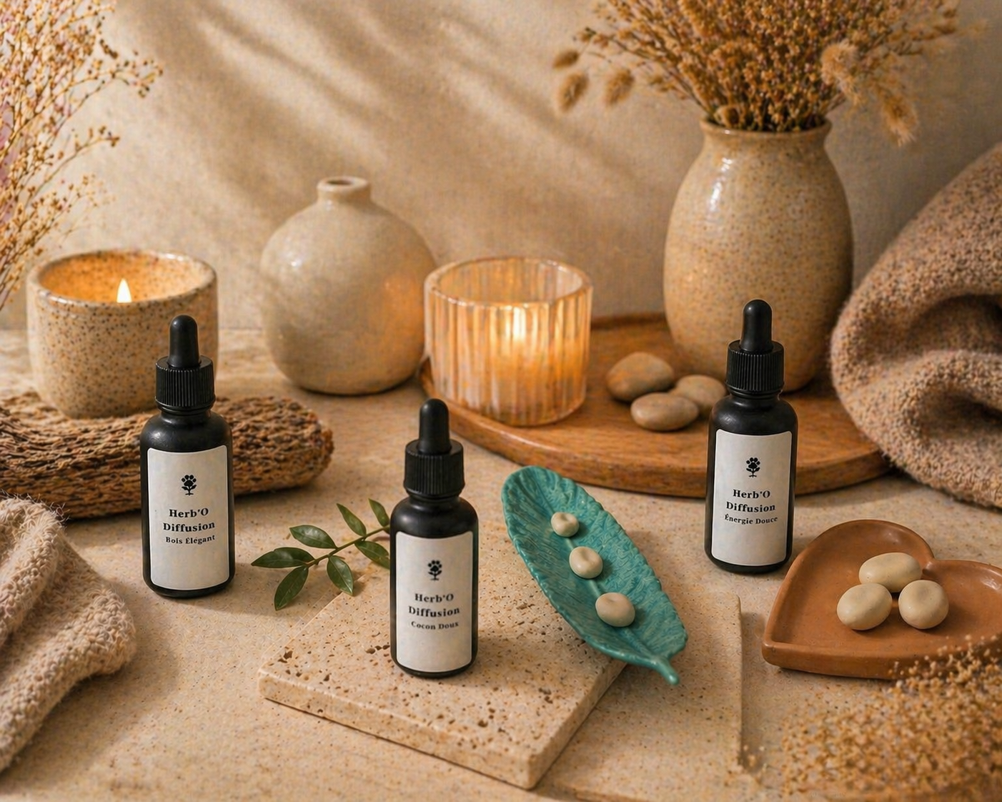 Gamme Herb'O Cocon:
Herb'O Diffusion Bois élégant
Herb'O Diffusion Cocon Doux
Herb'O Diffusion Energie Douce
Herb'O Diffuseur Naturel Plume
Herb'O Diffuseur Naturel Coeur